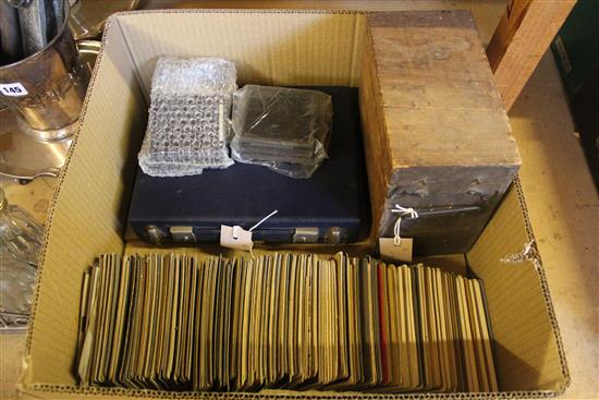 Quantity of mainly topographical glass stereo/mono slides in wooden case & a collection of stereoscopic cards